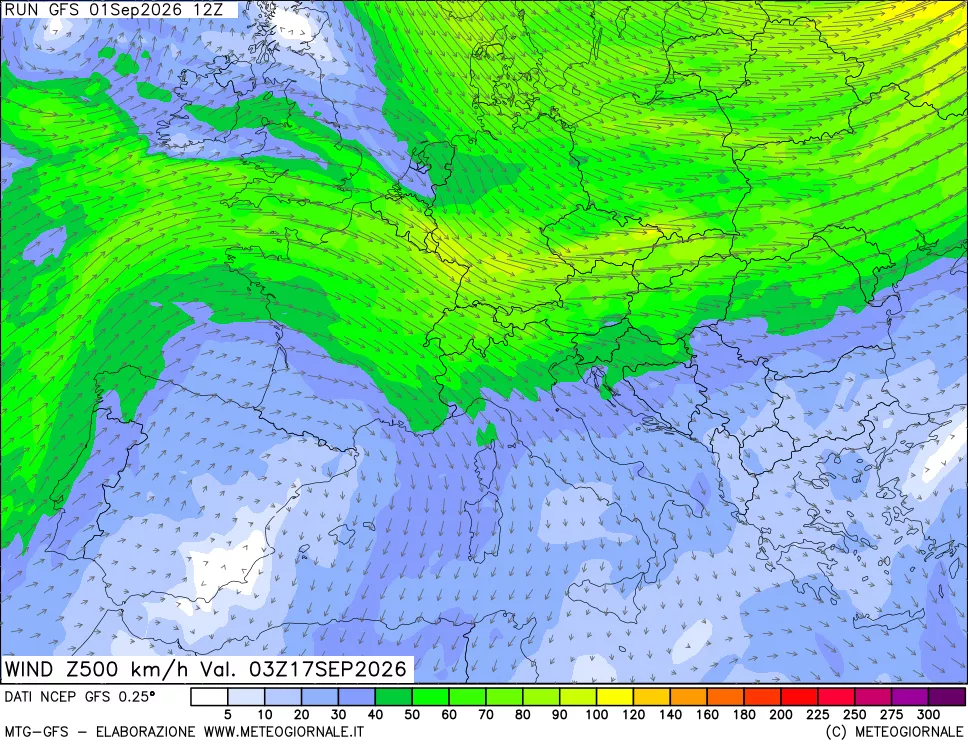 mappa 500 hPa Vento forza e direzione