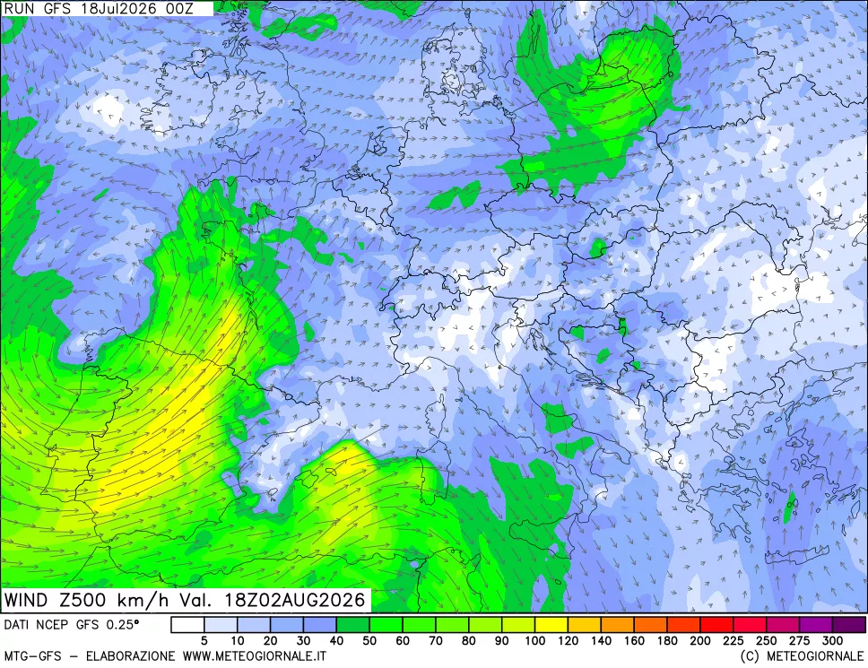 mappa 500 hPa Vento forza e direzione