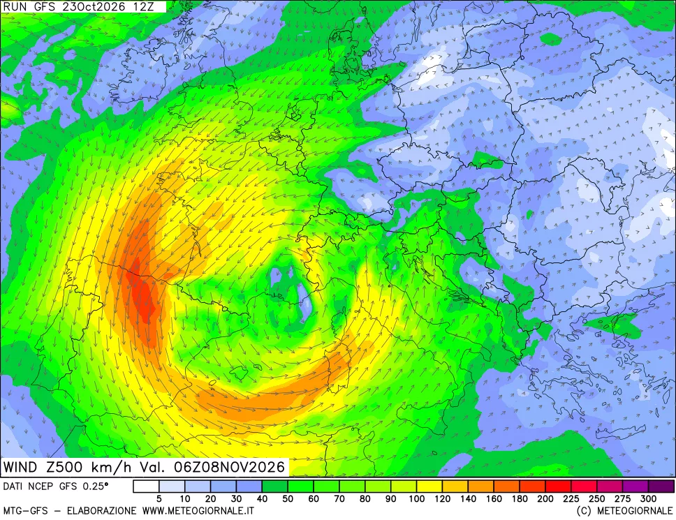 mappa 500 hPa Vento forza e direzione