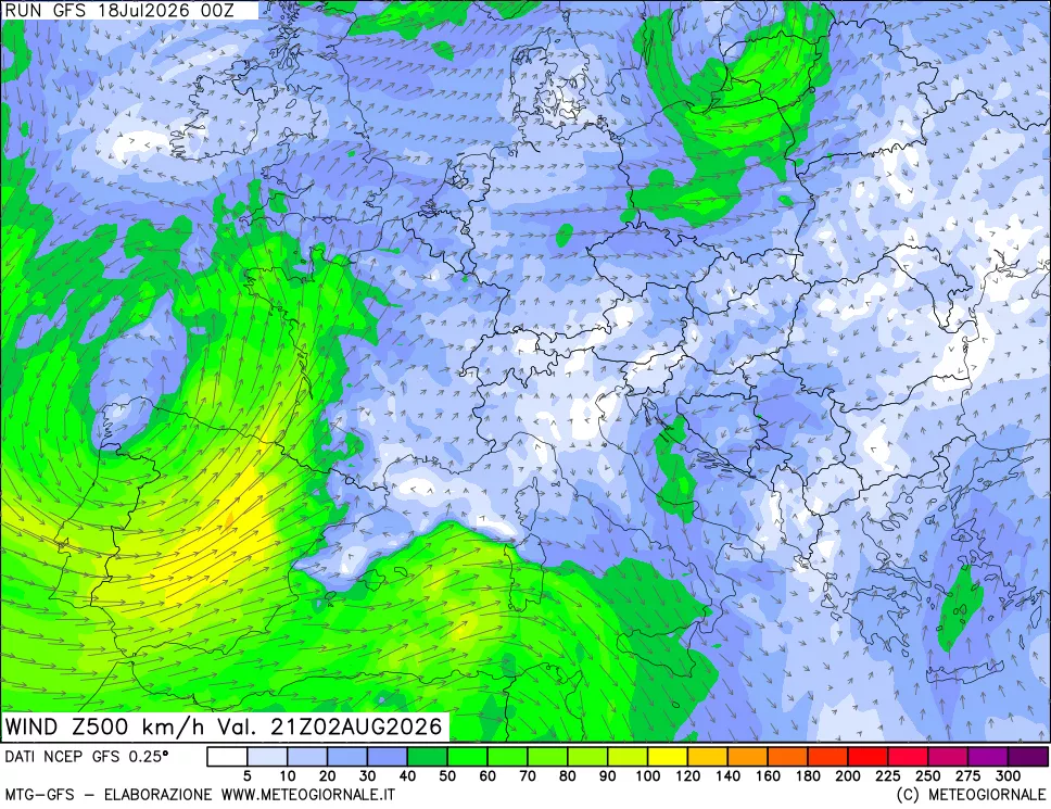 mappa 500 hPa Vento forza e direzione