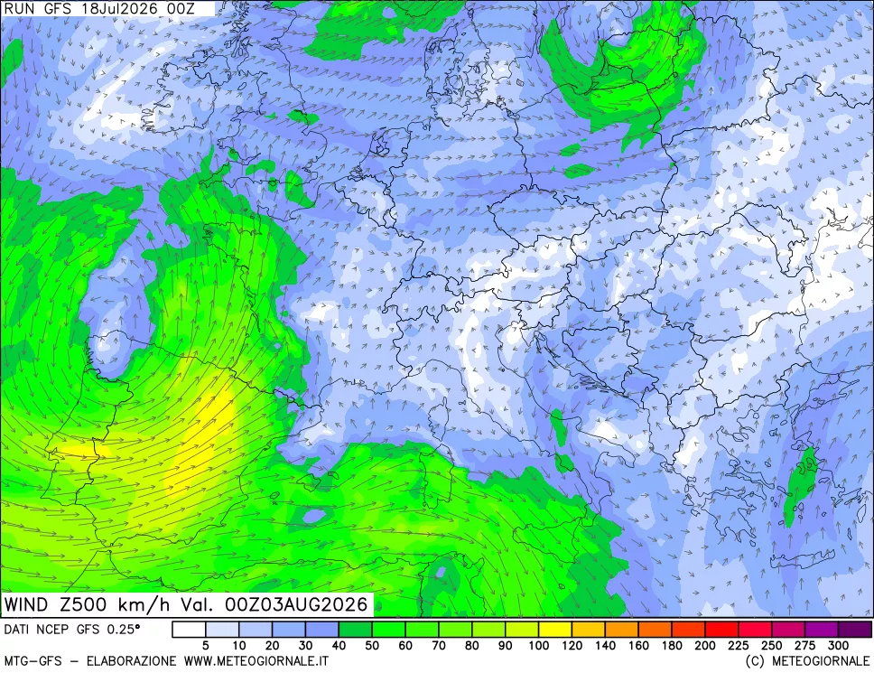 mappa 500 hPa Vento forza e direzione