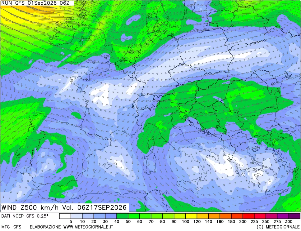 mappa 500 hPa Vento forza e direzione
