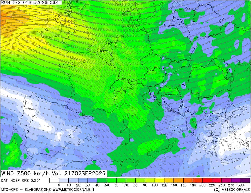 mappa 500 hPa Vento forza e direzione