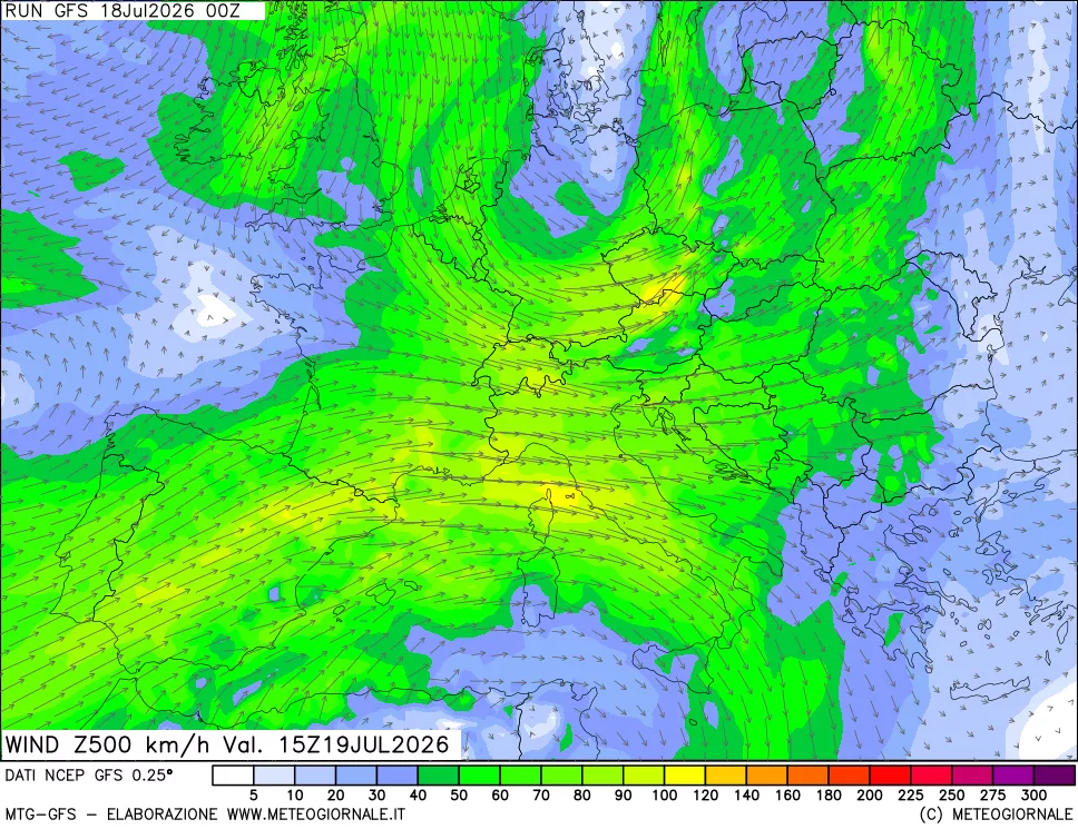 mappa 500 hPa Vento forza e direzione