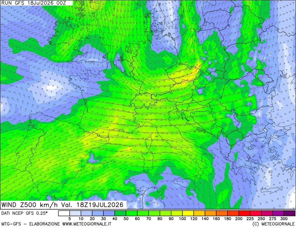 mappa 500 hPa Vento forza e direzione