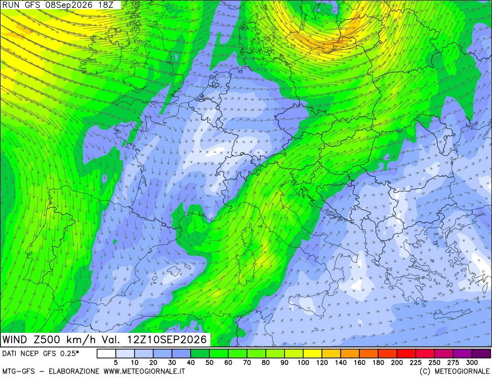 mappa 500 hPa Vento forza e direzione