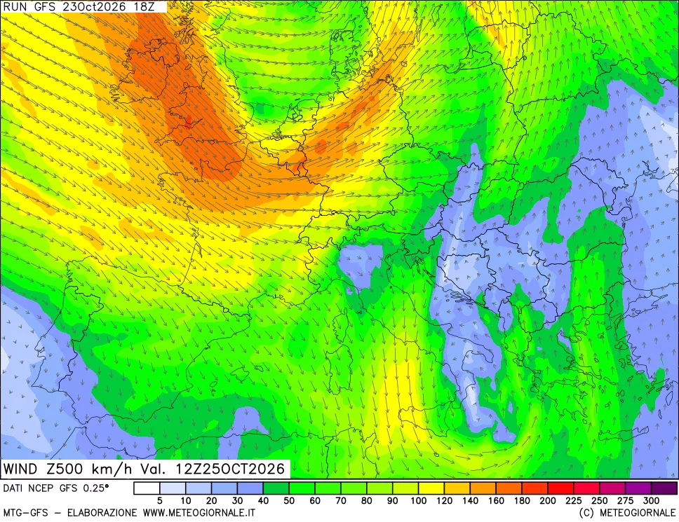 mappa 500 hPa Vento forza e direzione