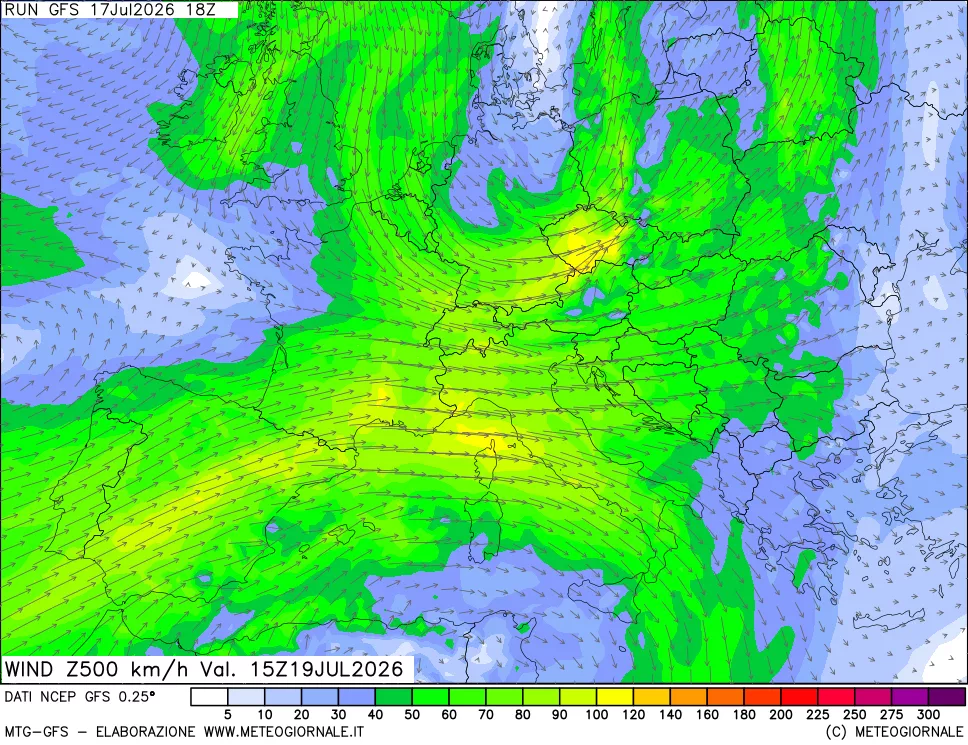 mappa 500 hPa Vento forza e direzione