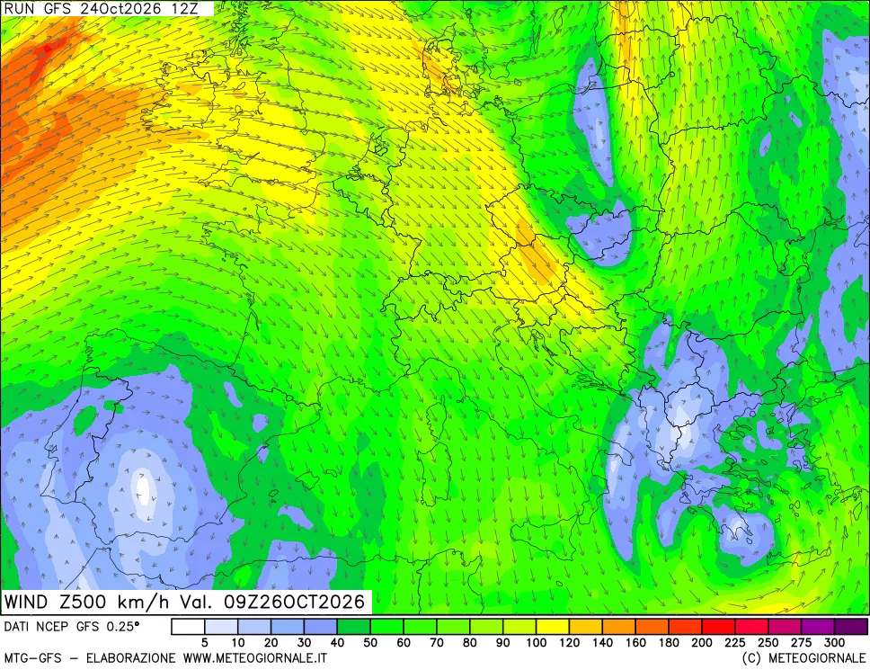 mappa 500 hPa Vento forza e direzione