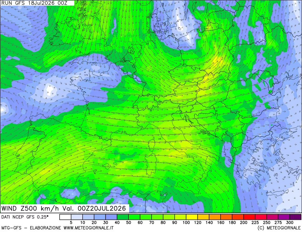 mappa 500 hPa Vento forza e direzione