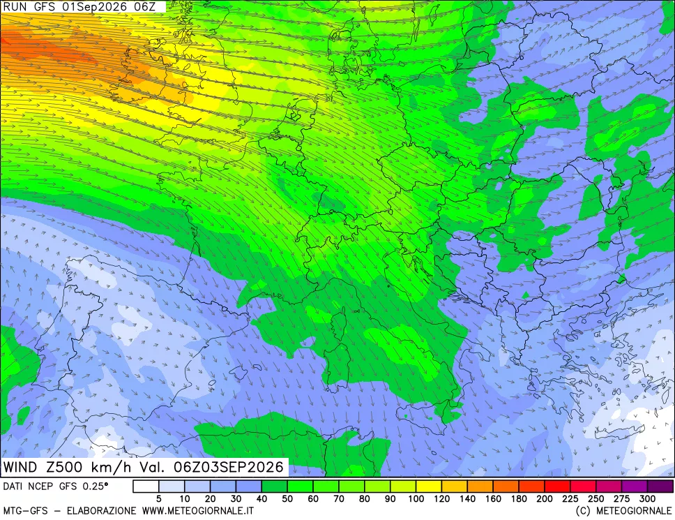 mappa 500 hPa Vento forza e direzione