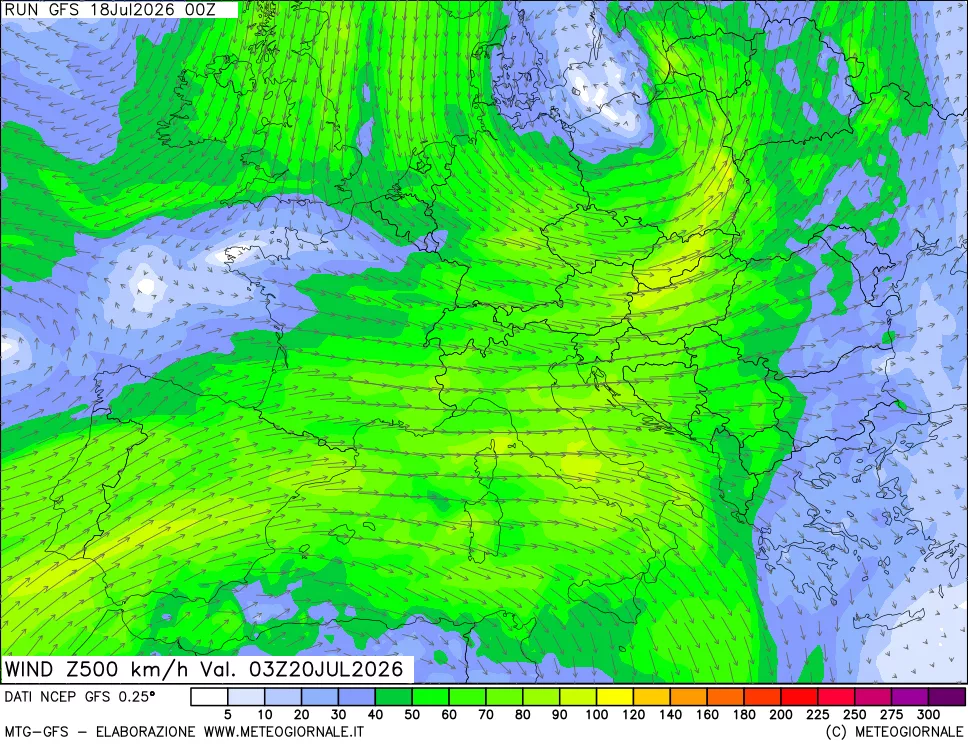 mappa 500 hPa Vento forza e direzione