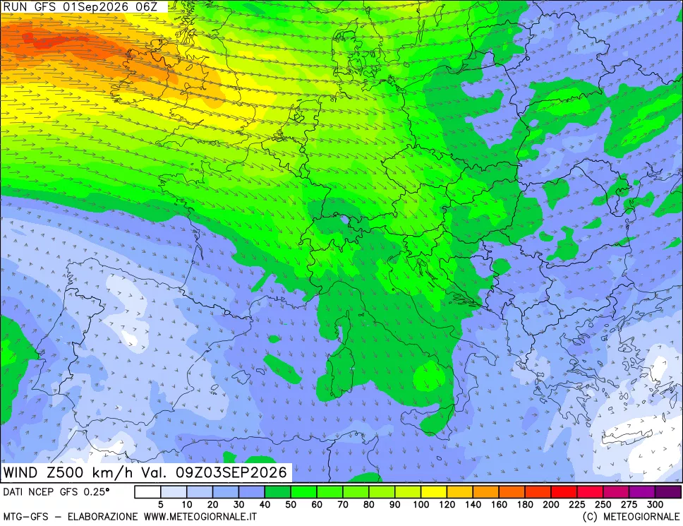 mappa 500 hPa Vento forza e direzione