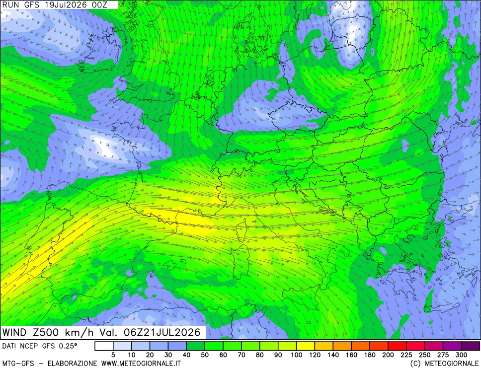 mappa 500 hPa Vento forza e direzione