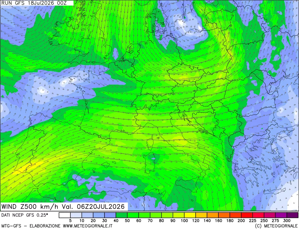 mappa 500 hPa Vento forza e direzione