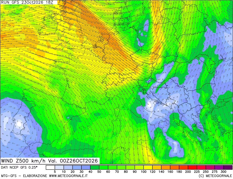 mappa 500 hPa Vento forza e direzione