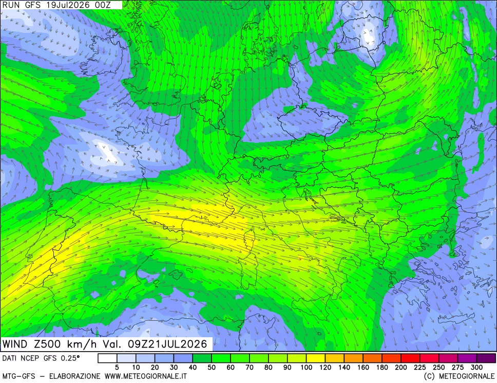 mappa 500 hPa Vento forza e direzione