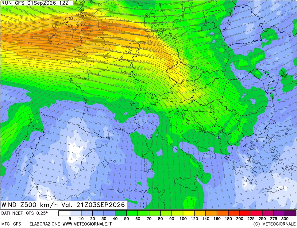 mappa 500 hPa Vento forza e direzione