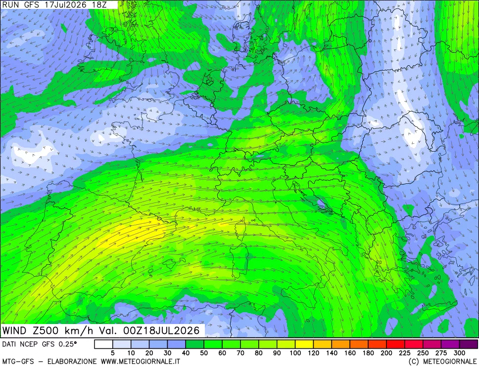 mappa 500 hPa Vento forza e direzione
