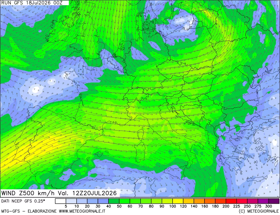 mappa 500 hPa Vento forza e direzione