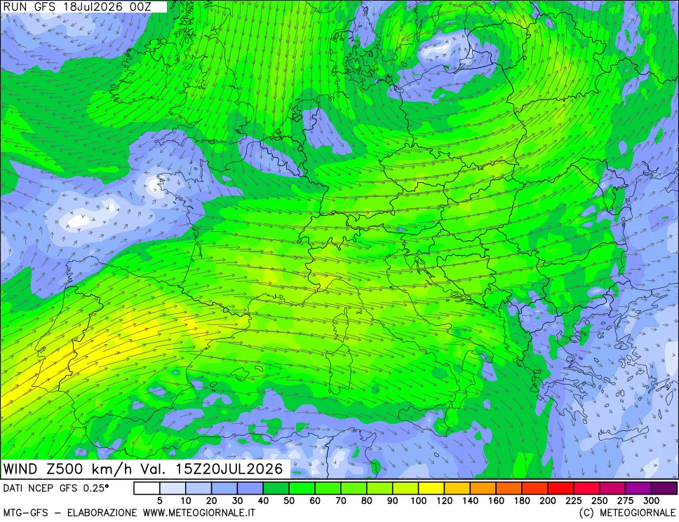 mappa 500 hPa Vento forza e direzione