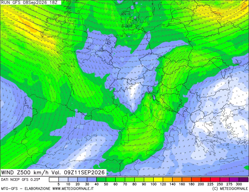 mappa 500 hPa Vento forza e direzione