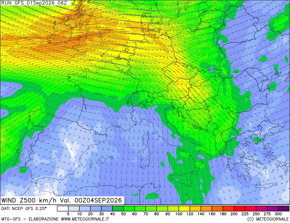 mappa 500 hPa Vento forza e direzione