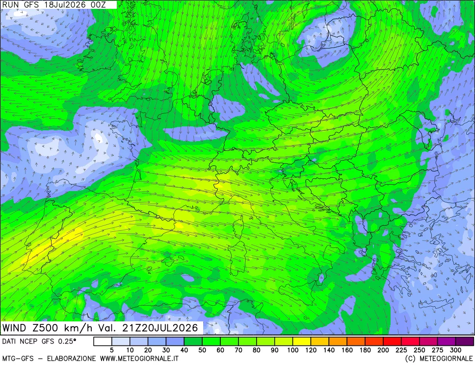 mappa 500 hPa Vento forza e direzione