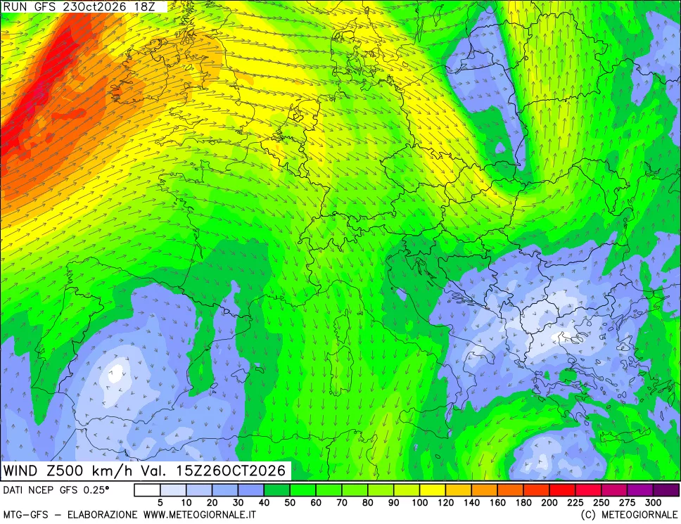 mappa 500 hPa Vento forza e direzione