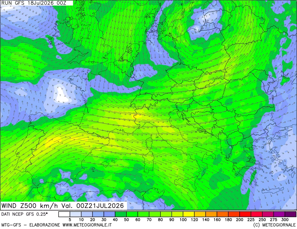 mappa 500 hPa Vento forza e direzione