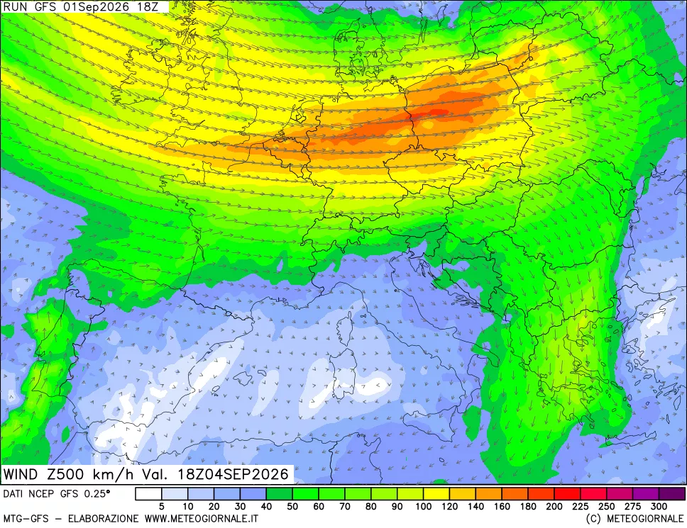 mappa 500 hPa Vento forza e direzione