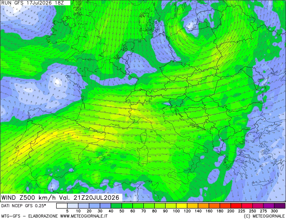 mappa 500 hPa Vento forza e direzione