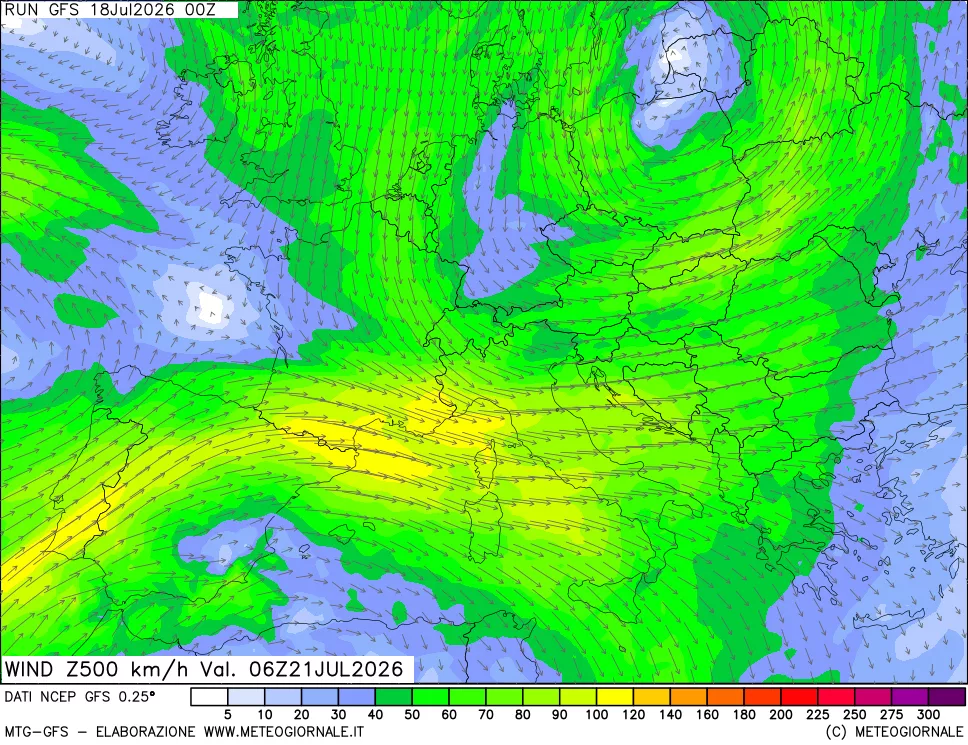 mappa 500 hPa Vento forza e direzione