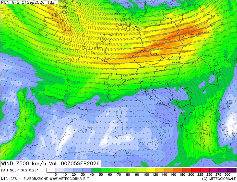 mappa 500 hPa Vento forza e direzione