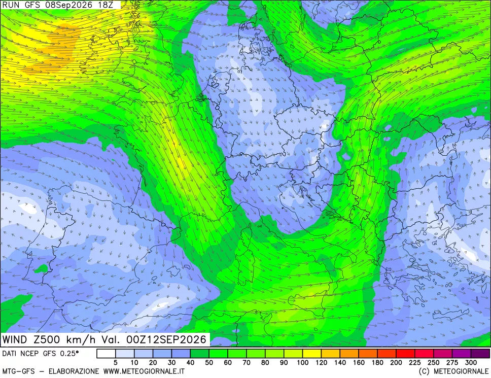 mappa 500 hPa Vento forza e direzione