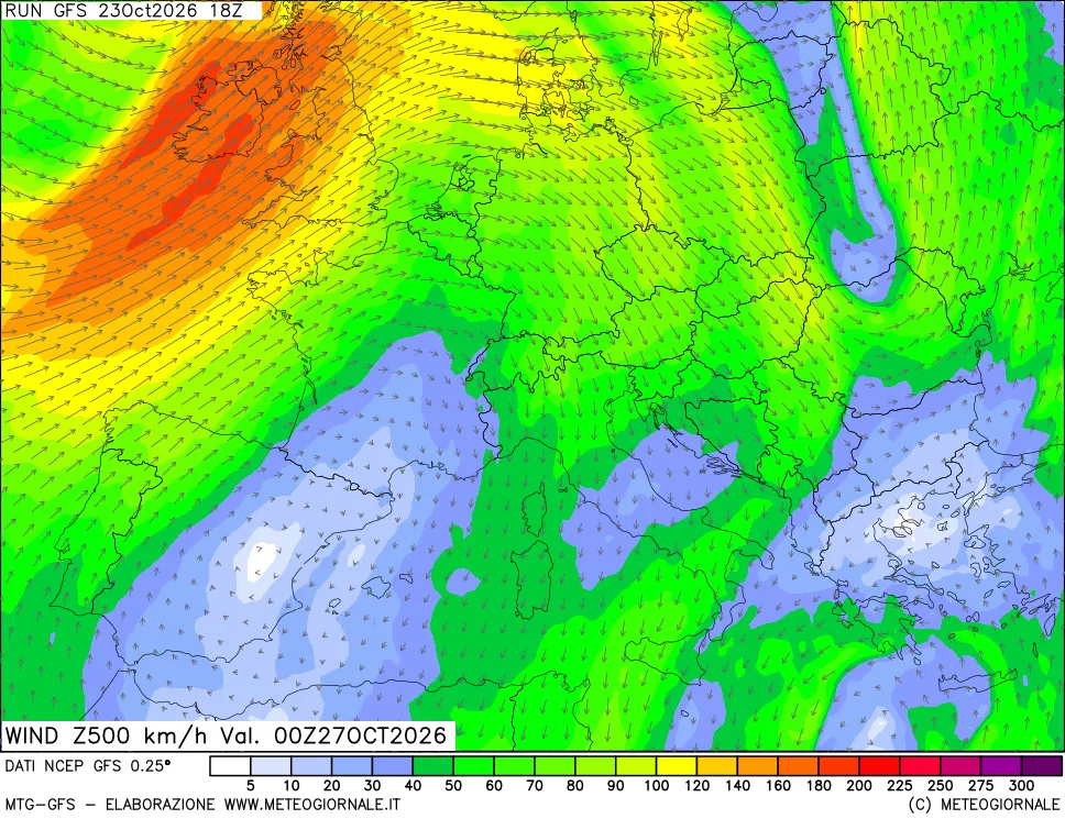 mappa 500 hPa Vento forza e direzione