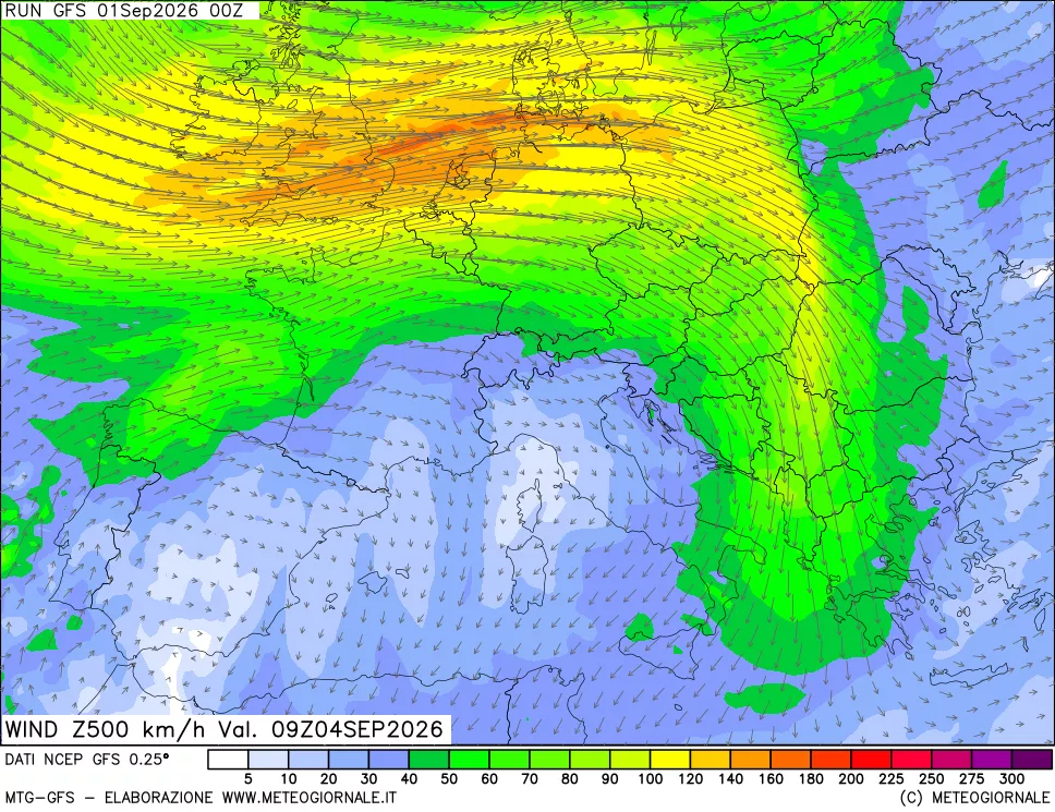 mappa 500 hPa Vento forza e direzione