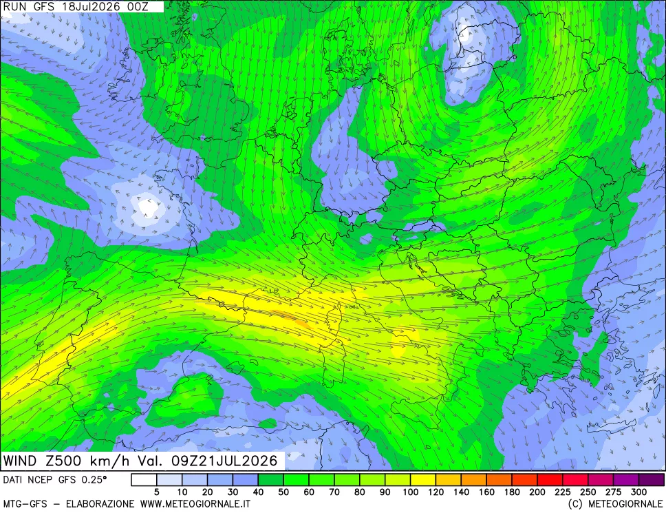 mappa 500 hPa Vento forza e direzione