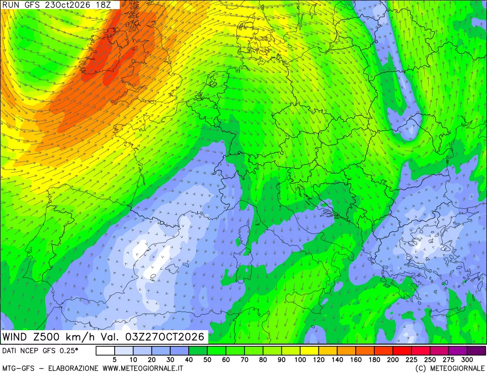 mappa 500 hPa Vento forza e direzione