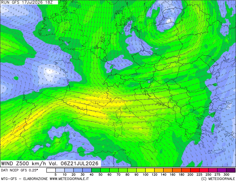 mappa 500 hPa Vento forza e direzione