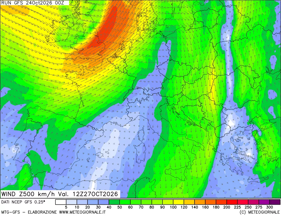 mappa 500 hPa Vento forza e direzione