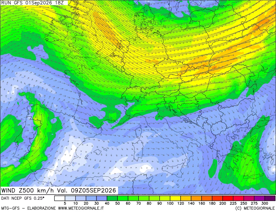 mappa 500 hPa Vento forza e direzione