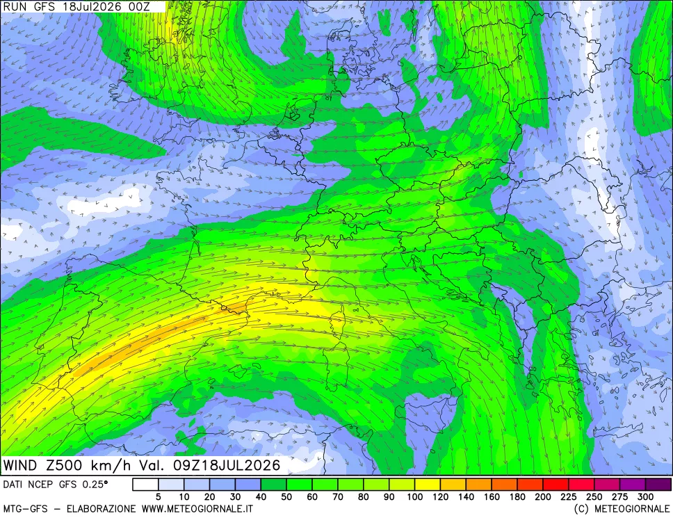 mappa 500 hPa Vento forza e direzione