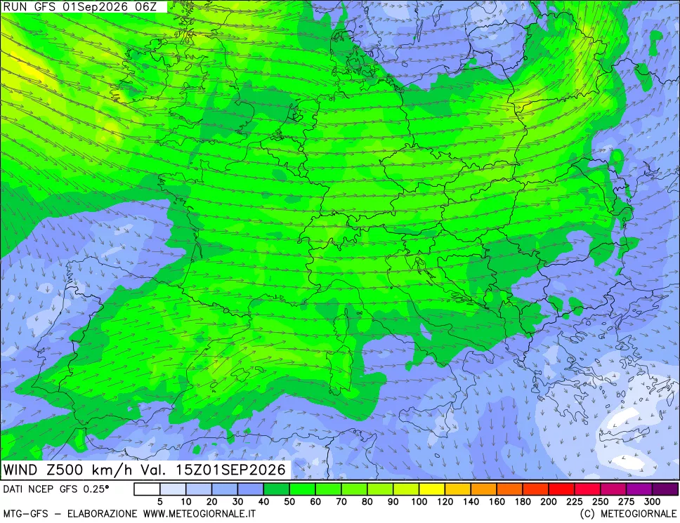 mappa 500 hPa Vento forza e direzione