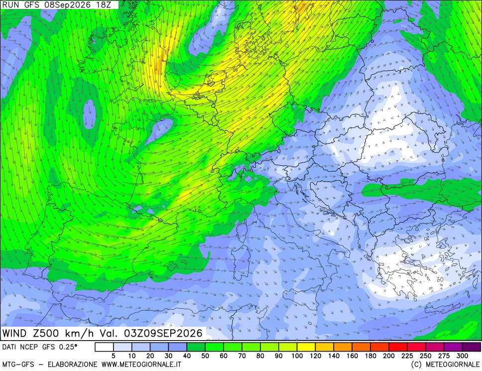 mappa 500 hPa Vento forza e direzione