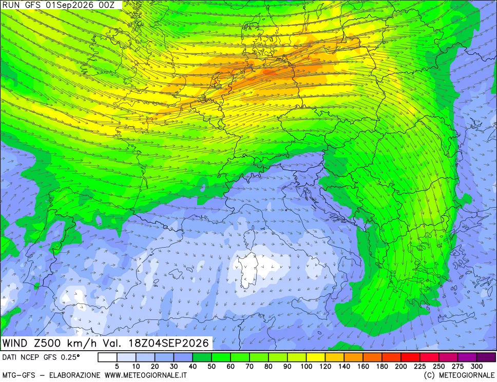 mappa 500 hPa Vento forza e direzione