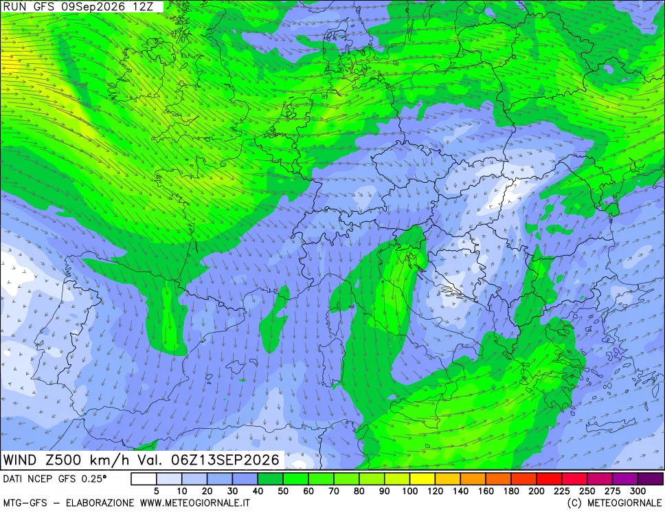 mappa 500 hPa Vento forza e direzione