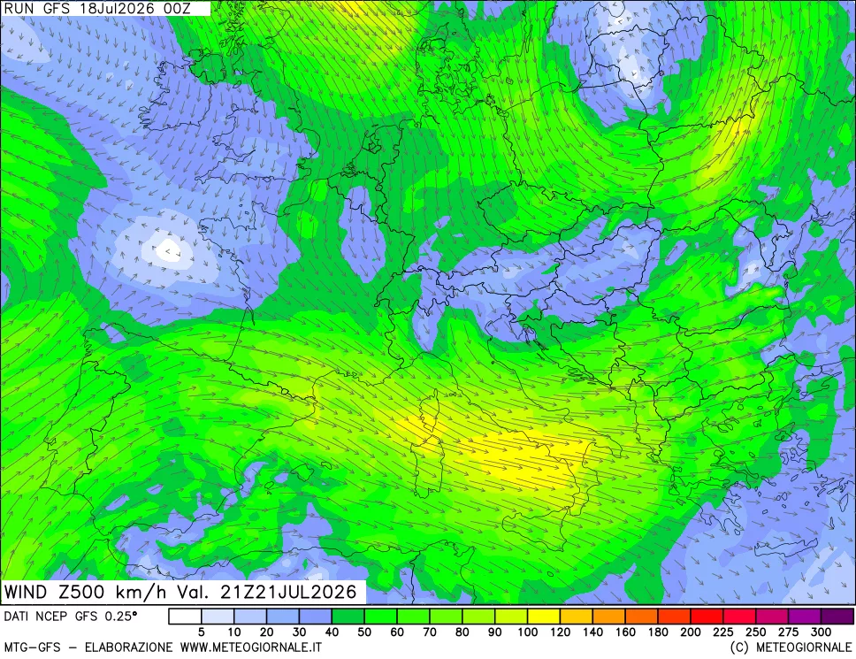 mappa 500 hPa Vento forza e direzione