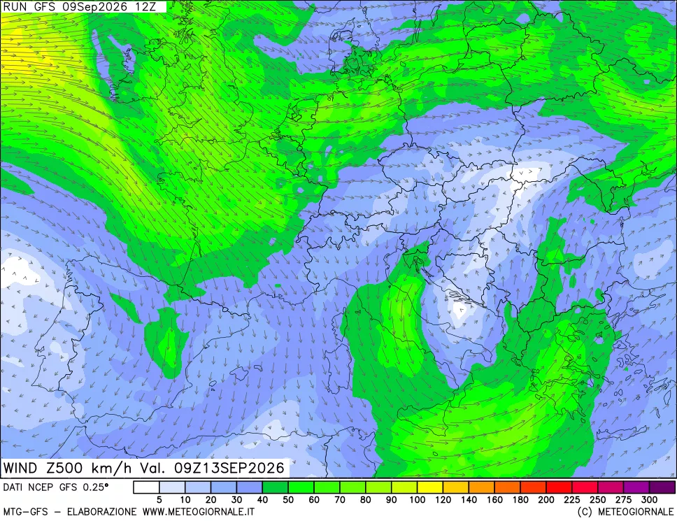 mappa 500 hPa Vento forza e direzione