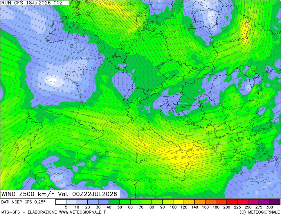 mappa 500 hPa Vento forza e direzione